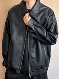 AIDASE  -  ex Loose Fit Pure Color Motorcycle Jaet PU Leather Flight Coat Street Sle Versatile Outerwear for Men And Women aidase-shop