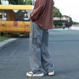 AIDASE  -  Vintage Cargo Pants Men Fashion Streetwear Pockets Wide Leg Straight Y2k Casual Trousers Baggy Drawstring Overalls Black/Gray aidase-shop
