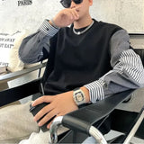 Aidase Spring and Autumn Boyfriend New Patchwork Pullover O-Neck Striped Fashion Loose Minimalist Casual Long Sleeved Sweatshirts