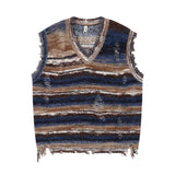 Aidase Vintage Gradient Stripe Baggy Knitted Sweater Y2k Vest Washed Ripped Knitwears Tank Top Tie Dyeing V-Neck Sleeveless Pullovers aidase-shop