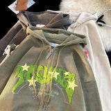 Aidase Vintage Embroidered Star Letter Corduroy Hoodies Zipper Cardigan Women's Clothing Harajuku Y2k Jacket Coat Casual Male Hooded