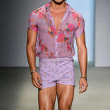 Aidase Floral Transparent Lace Sheer Shirt Men 2024 Sexy See Through Men Dress Shirts Casual Short Sleeve Party Beach Holiday Chemise