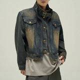 AIDASE  -  Short Japanese Distressed Denim Jacket Men Women Retro Fake Two-piece Double Necked Jackets High Street Wide Shoulder Jean Coats aidase-shop