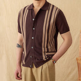 AIDASE  -  Versatile Men Shirt Striped Spliced Decoration Breathable Short Sleeved Knitted Cardigan Design Casual Clothing aidase-shop