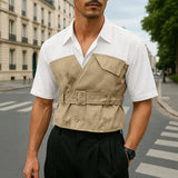 AIDASE  -  Men Shirt Patchwork Lapel Short Sleeve Lace Up Casual Men Clothing With Belt Streetwear 2025 Fashion Male Shirts Tops