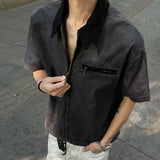 AIDASE  -  New Stylish Men's Shirt Short Sleeve Lapel Patchwork Collar Male Zipper Shirts Washed Summer Men Clothing Loose Fit aidase-shop