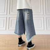 AIDASE  -  American Style Washed Ripped Male Denim Shorts Casual Loose Wide Leg Tassel Pants High Street Fashion Men's Clothes 21E6544 aidase-shop