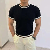 AIDASE  -  Light Luxury Ice Silk Knitted Contrast Color Round Neck Pullover Men's T-shirt Business Gentleman Male Tops aidase-shop