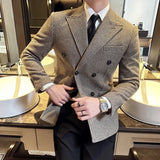 Aidase British Style Men Double Breasted Slim Fit Blazer  New Houndstooth Slim Fit Suit Jacket Formal Business Wedding Dress Jacket