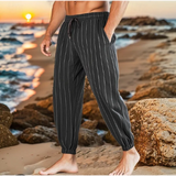 AIDASE  -  Men's Striped Linen Blend Beach Pants Elastic Waist Drawstring Casual Trousers aidase-shop