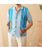 AIDASE  -  Versatile Men Shirt Striped Spliced Decoration Breathable Short Sleeved Knitted Cardigan Design Casual Clothing aidase-shop