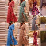 AIDASE  -  Spring Summer Floral Print Slimming Waist Midi Dress Elegance Short Sleeve V-Neck Dress Regular Sleeve Length Ankle-Length aidase-shop