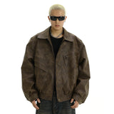 Aidase Spring Cool Handsome Retro Distressed Brown Pu Leather jacket Men Zipper Luxury Designer American Vintage Clothes aidase-shop