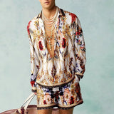 Aidase Fashion 3D Print Two Piece Set Men Long Sleeve Lapel Shirts And Shorts Casual Loose Suits Summer Hawaiian Beach Outfits Male