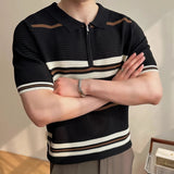 AIDASE  -  Summer Striped Knitted Shirt for Men, Business Casual Short Sleeve POLO, Half-Zip Breathable T-Shirt.Stretchable
