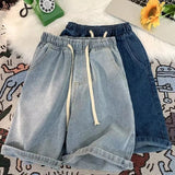 AIDASE  -  Men's Casual Elastic Waist Drawstring Denim Shorts Loose Fit Rolled Hem Summer Jeans Shorts aidase-shop
