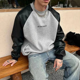 Aidase Mens Y2k Contrast Pu Leather Raglan Sleeves  Sweatshirt Autumn And Winter Genderless Casual Loose Splicing Sweatshirt Unisex aidase-shop