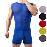 AIDASE  -  Sexy Sleeveless Mesh Transparent T-shirts Mens Lounge Undershirts Tank Tops Sexy Homme Boxer Shorts Gym Homewear Men Clothes Set