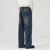 AIDASE  -  Vintage High Street Straight Jeans Men Half Elastic Waist  Loose Washed Denim Pants Four Seasons Fashion Wide-leg Trousers aidase-shop