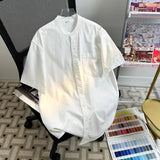 AIDASE  -  American Standing Collar Short Sleeved Shirt Solid Color Casual Summer Shirts Coat Loose Retro Male Clothing aidase-shop