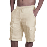 Aidase Vintage Men Linen Shorts Multi Pocket Drawstring Cargo Knee Length Pants Summer Fashion Casual Loose Beach Short Trousers Male