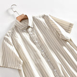 AIDASE  -  Summer Cotton Striped Shirt Men's Artistic Pinstripe Lapel Casual Short-sleeved Shirt Korean Fashion Exquisite Trend Solid Top aidase-shop
