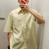AIDASE  -  Japanese Men's Loose Solid Color Grid Texture Shirt Half Sleeves Ice Feeling Single Breasted Casual Shirt Daily Minimalist aidase-shop