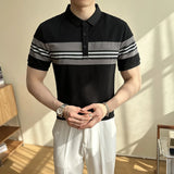 AIDASE  -  Summer New British Slim-Fitting Gray and White Striped Short-Sleeved Polo Shirt Men's T-shirt aidase-shop