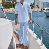 AIDASE  -  Men's Cotton and Linen Shirt Long Pants Two-piece Set Fashionable Henry Collar Long Sleeved Shirt Casual Vacation Beach Pants aidase-shop