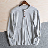 Aidase Fashion Mens Henley Collar Tee Shirts Autumn Sold Color Long Sleeve T-shirt Half Button Up Thermal Waffle Knit Blouses Tops aidase-shop