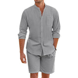 Aidase Daily Casual Breathable Cotton Linen Outfits Mens Vintage Stand Collar Button-up Shirts And Shorts Sets For Men Clothing Summer aidase-shop