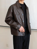 Aidase Men Korean Style Faux Leather Jacket for Male Loose Short Motorcycle Leather Jacket Oversize Brown Retro Button PU Moto Coat 3XL aidase-shop