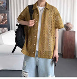 AIDASE  -  Niche Fashion Men's Shirts Floral Texture Hollow Out Design Short Sleeve Solid Color Lapel Single Breasted Shirt 21E6625 aidase-shop