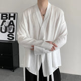 AIDASE  -  Spring New Jacquard Long Sleeved Design Loose Men's Shirt Solid Color V-neck Solid Color Male Tops