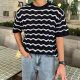AIDASE  -  Summer Men's Knit Jacquard Short Sleeve T-shirts Striped Hollow Out Casual Tshirts New Y2K Vintage Streetwear Tee Tops aidase-shop