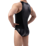 AIDASE  -  Mens PU Leather Bodysuits Sleeveless Leotard Front Hollow Out Rompers Faux Leather Jumpsuit Wrestling Singlet Nightclub Bodysuit aidase-shop