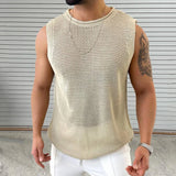 Aidase Knitwear Men Casual Tank Tops Pure Color Hollow Out Vintage Men Knit Camisole Sleeveless O Neck Leisure T Shirt Male Streetwear aidase-shop
