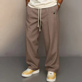 AIDASE  -  Men's Solid Color Drawstring Wide Leg Pants Casual Streetwear Button Detail Loose Straight Trousers Lightweight for Daily Wear aidase-shop