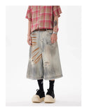 AIDASE  -  Retro Mud Dyed Rust Used in Old Street Hip-hop Wide-leg 7-point Ripped Denim Shorts aidase-shop