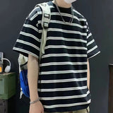 AIDASE  -  Fashion O-Neck Short Sleeve Casual Striped T-Shirts Men Clothing Summer New Loose Korean Pullovers Tops All-match Tee Shirt aidase-shop