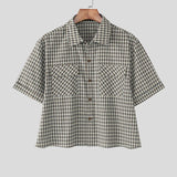 AIDASE  -  Men Plaid Shirt Lapel Short Sleeve Pockets Korean Style Men Clothing Summer Loose 2025 Streetwear Causal Male Crop Tops