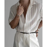 AIDASE  -  Summer Men Vintage Cuban Collar Hollow Stripe Thin Short Sleeve Shirt Korean Streetwear Shirts Blouses aidase-shop