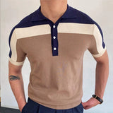 Aidase Men's Business Slim-fit Knit Polo Shirt Light Luxury Leisure Button-down Short Sleeve Shirts Breathable Patchwork Knitwear M-3XL