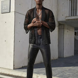 Aidase Mesh See-through Fishnet Mens Shirt Cardigan Fashion Sexy Shawl Nightclub Wear Tops 3/4 Sleeve Camisas Streetwear For Men