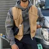 AIDASE  -  Men Vests Solid Color Sleeveless Zipper Casual Male Waistcoats Streetwear Loose 2025 Pockets Fashion Corduroy Vests Men aidase-shop
