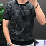 Aidase Diamond Check Contrast Knit T-Shirt High Elasticity Short Sleeve Slim Bottomed Tshirt Men Top Quality Streetwear Knitted Top aidase-shop