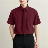 AIDASE  -  Men Shirt Solid Color Lapel Short Sleeve Button Men Clothing With Tie Streetwear Loose Korean Style Fashion Casual Tops aidase-shop