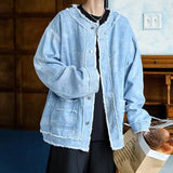 AIDASE  -  Trendy Men Denim Jacket American Style Fashion Full Print Jacquard Design Raw Edge Long Sleeve Round Neck Coats 21E7627 aidase-shop