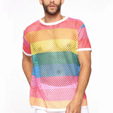 Aidase Men Mesh See Through T-Shirt Fishnet Hollow Clubwear Streetwear Perform Male Short Sleeve Undershirt Top Tee 5XL Sexy Rainbow aidase-shop