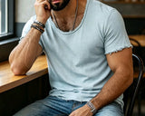 AIDASE  -  Men's Vintage Washed Frayed Edge Soft T-Shirt Casual Deep U-Neck Irregular Hem Short Sleeve Tee Loose Fit Streetwear Summer Tops aidase-shop
